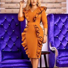 Women Sexy Bodycon Dress V Neck with Ruffle Elegant Long Sleeve Slim Fit Retro Party Gown Birthday Summer Outfits Plus Size 210416