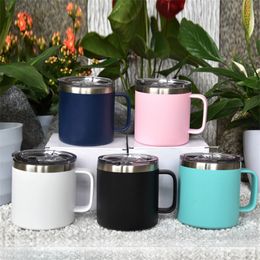 14oz Handgrip Office Mugs Powder Coating Blue Pink White Green Black 400ml Handle Stainless Steel Water Bottles Drinking Coffee Cups Home Tumblers Wine Glass A12