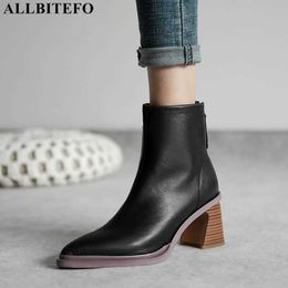 ALLBITEFO fashion brand genuine leather thick heels ankle boots for women high heels women boots autumn party women heels 210611