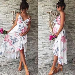 2021 Summer Floral Print Long Maternity Dresses Pregnant Women Clothes Sexy Sleeveless V-neck Pregnancy Dress Maternity Clothing Q0713