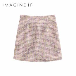 Elegant High Waist Tweed Skirt Women A Line Zip-up Closure Mini Office Lady Fashion Clothes 2021 Autumn Winter Skirts