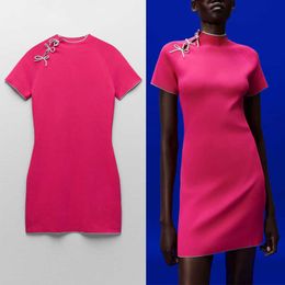 Za Bows Knit Mini Dress Women Short Sleeve Turtleneck Elegant Summer Dress Woman Fashion Slim Office Lady Dresses 210602