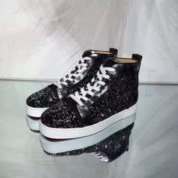 Luxury High Tops Red Bottom Dress Shoes Men Women Fashion Loui Spikes Flat Originals Elastikid Glitter Crystal Patent Leather Design Casual Sneakers Box EU 35-47