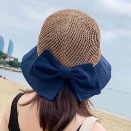 NEW Summer Sun Hat Women Outdoor Sunscreen Beach Anti-UV Fisherman Hat Bow Foldable Straw Hat Woman Hollow Hats G220301