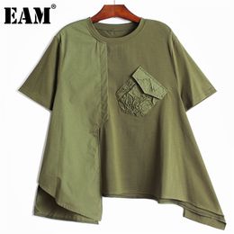 [EAM] Women Black Big Size Irregular Pocket Ruched Pockets T-shirt Loose Round Neck Short Sleeve Fashion Summer 1DD6782 210623