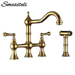 Solid Brass Kitchen Sink Mixer Tap Gold Bridge Kitchen Faucet With Side Spray Sprayer And Metal Lever Handle Sidespray 210719
