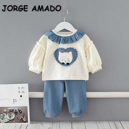 Wholesale Spring Baby Girls 2-pcs Sets Long Puff Sleeves Blue Lace Collar Shirts Top + Pants Children Clothes E9162 210610