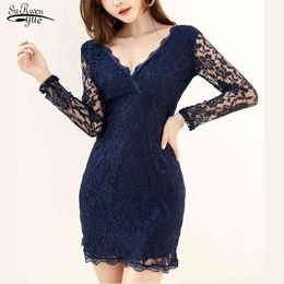 Spring Europe Hollow Out Lace Women's Dress Sexy Long Sleeve Floral Mini Blue Sheath Party es Robe Femme 13525 210508
