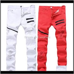 Apparel Drop Delivery 2021 Zipper Casual Jeans White Red Hole Decoration Multi-Chain Non-Stretchy Slim Straight Mens Clothing Europe And Amer