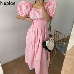 Neploe Maxi Dress Women Square Collar Puff Short Sleeve Dresses Korean Chic Summer Slim Waist Temperament Pink Vestidos Mujer 210422