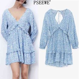 Blue Leopard Print Short Dresses Women Casual Long Sleeve Backless Mini Woman Ruffle V Neck Summer 210519