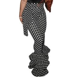 Women Pants Black White Dot Bell-bottom Trousers Ruffles Sexy Fashion S-XXL Summer Arrival Drop 210416