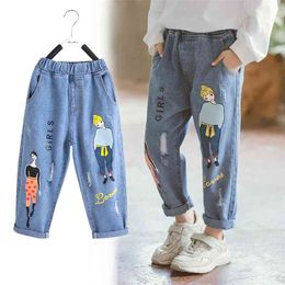 Girl Jeans Kids Spring Children Cartoon Pants Casual Loose Denim Trousers for Teenage Elastic Waist Girls Ripped Jeans 8 12 Yrs 210317