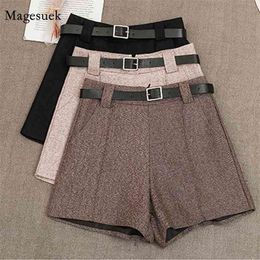 Autumn Woollen Cloth Shorts Women Fashion Winter High Waist With Belt A-line Casual Wide Leg Short Mujer 11613 210512