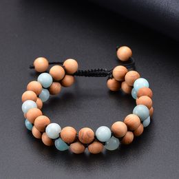 Amazonite Wooden Beads Bracelet Double Row Stone Braided Adjustable Bracelets Bangle Cuff for Women Men Fashion Jewelry Will and Sandy
