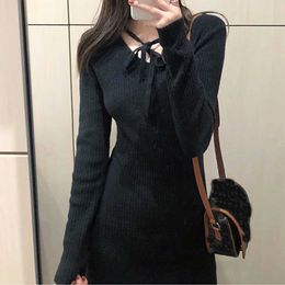 Knitted Dres Long Sleeve Slim Elegant Party Sweater Female Autumn Winter V-Neck Maxi Korean 210604