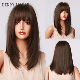 Dark Brown Medium Long Bob Synthetic Wigs with Bangs Layered Hair Natural Straight Wigs for Women High Temperaturefactory direct