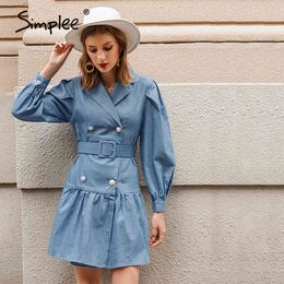 Casual suit collar women denim Bubble sleeves ruffled button female knee High street style ladies midi dress 210414