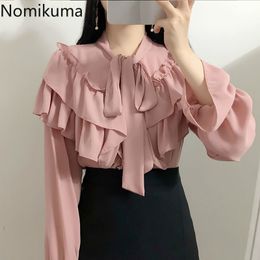 Nomikuma Chiffon Blouses Women Bow Tie Collar Long Sleeve Elegant Shirts Female Korean Sweet Casual Tops Blusas Mujer 3e036 210514