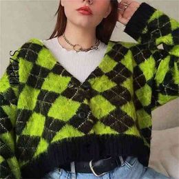 Vintage argyle knitted cardigan sweaters kawaii mohair sweater winter korean sweater clothes 210805