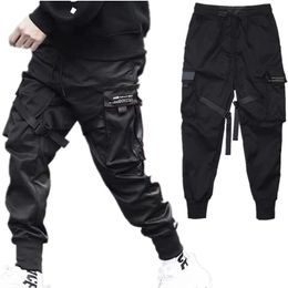 Hip Hop Boy Pockets Elastic Waist Harem Pant Men Streetwear Punk Casual Ribbons Design Trousers Jogger Male Dancing Black 210715