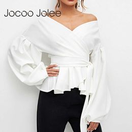 Jocoo Jolee Elegant Lantern Sleeve Off Shoulder V Neck Blouse Casual Butterfly Knot Solid Shirt Lady Vintage Tops Tunic 210619