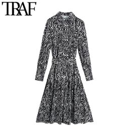 TRAF Women Chic Fashion With Belt Animal Print Midi Shirt Dress Vintage Puff Sleeve Button-up Female Dresses Vestidos 210415