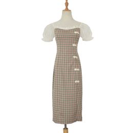 PERHAPS U Plaid Puff Short Sleeve Knee Length Solid Dress Vintage Pencil Slash Neck Elegant D1796 210529