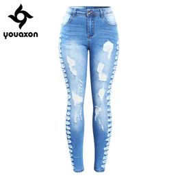 2145 Youaxon Arrived Plus Size Stretchy Ripped Jeans Woman Side Distressed Denim Skinny Pencil Pants Trousers For Women 211129