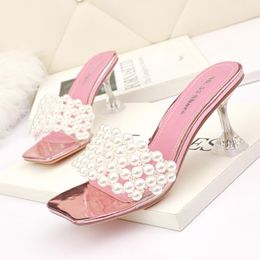 Slippers PVC Clear Women Crystal Heels Shoes String Bead Sandals Summer Transparent Slides Shallow Pump Luxury Zapatos De Mujer