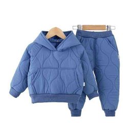 Winter Children Cotton-Padded Jacket Suit Plus Velvet Baby Clothes Girl Boys Costume Warm Hoodies + Trousers 2Pcs Set G1129