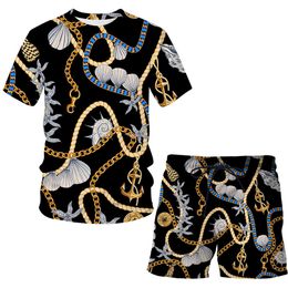 Summer Iron chain 3D Luxury Short-sleeved Suit Man / Woman Casual Clothes T-shirt + shorts 2-piece suit Streetwear Men clothing X0610