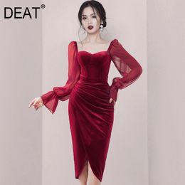 DEAT Women Red Patchwork Gauze Folds Asymmetrical Dress New Square Neck Long Lantern Sleeve Slim Fashion Tide Summer 7E0031 210428