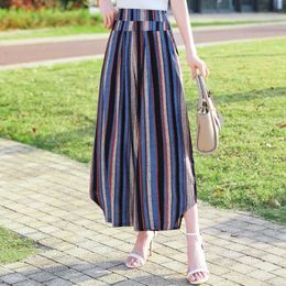 Summer Wide Leg Pants Women Elegant Elastic High Waist Striped Ankle-Length Trousers Female Casual Loose Vintage Woman Pants Q0801