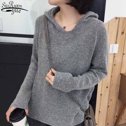 Autumn Harajuku V-neck Long Sleeve Hoodies Knitted Jumper Female Korean Pop Women Casual Loose Solid Sweatshirt 11742 210427