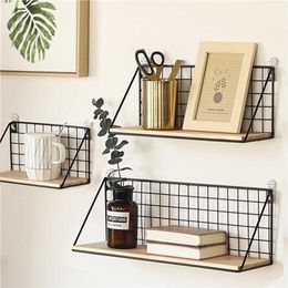 Wall Mounted Storage Rack Iron Floating Display Shelf Wire Wood Organizer Livingroom Holder Home Decorative Hanging Grid Basket 211112