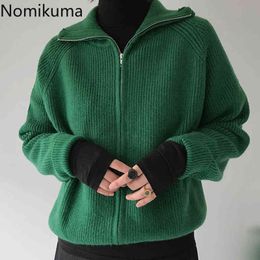 Nomikuma Vintage Turn-down Zipper Knitted Cardigan Causal Long Sleeve Sweater Coat Autumn Winter Korean Women Jacket 6D451 210427