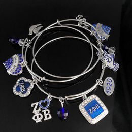 C0bk Charm Bracelets Handmade Greek Sorority Blue Crystal Letter 1920 Zeta Phi Beta Handsigh Heart Lucky Clover Adjustable Bangles Bracelet