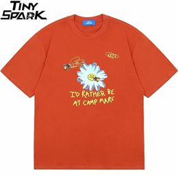 Hip Hop Streetwear Haruku T-shirt Daisy Bee Letter Printed Men Cotton Casual Short Sleeve Floral Tops Tees Orange 210716