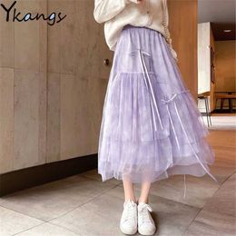 Vintage Purple Irregular Mesh Tutu Skirt Pleated Women High-Waisted Long Skirt Students Korean Summer Tull Midi Skirt For Girls 210619