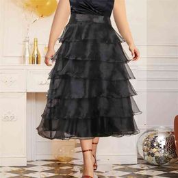 Black Skirt Women High Waist Party Office Ladies Summer Ruffles A Line Skirts Plus Size Elegant Fashion Jupes Drop 210527