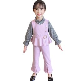 Teen Girls Clothing Plaid Blouse + Vest Pants Pearls Tracksuit Girl Spring Autumn Tracksuits For Children 210527