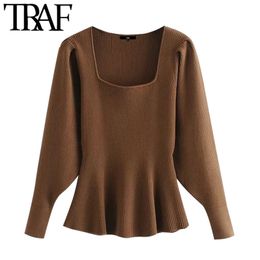 TRAF Women Fashion Flared Hem Knitted Sweater Vintage Square Collar Puff Sleeve Female Pullovers Chic Tops 210415