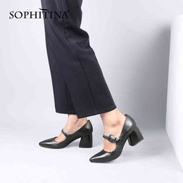 SOPHITINA Women's Chunky Pumps Heels Buckle Black Green Dress Office Shoes Classic Mary Jane Shoes PC710 210513