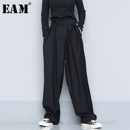 [EAM] High Waist Black Brief Pleated Long Wide Leg Trousers Loose Fit Pants Women Fashion Spring Autumn 1S399 211115