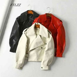 Autumn Loose Pu Leather Jacket Short Overcoat Women Soft Faux Street Punk Red Black Turndown Collar Outwear 210430