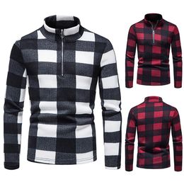 Men's Sweaters Fashion Autumn Winter Warm Stand Collar Long Sleeve Plaid Printed Sweater Zipper Bottomed Shirt Knitted Pullovers Tops#g3