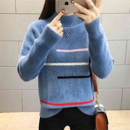 Fashion Autumn Winter Women Knitted Turtle-neck Sweater Casual Soft And Warm Jumper Slim Femme Strip Pullover 210427