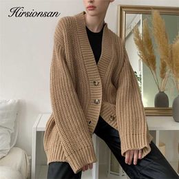 Hirsionsan Cashmere Long Sleeve Sweater Women Single-Breasted Female Cardigan V Neck Soft Loose Knitted Outwear Jumpers 211018