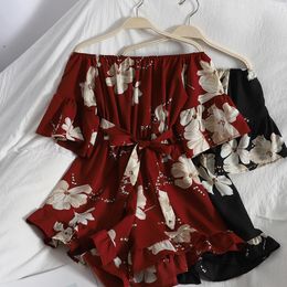 Off Shoulder sleah neck flared sleeve jumpsuit women Summer vintage print for ruffles wide leg shorts Playsuits 210420